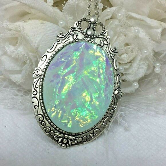 White Opal Aurora Borealis Necklace Antique Silver brooch hat pin garter wedding - Picture 3 of 6